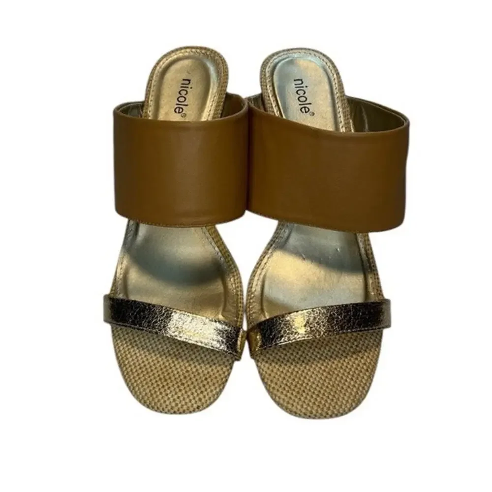 Nicole Briar snakeskin block heel sandal, Brown & Metallic Gold, 10m NWOB - Picture 3 of 13